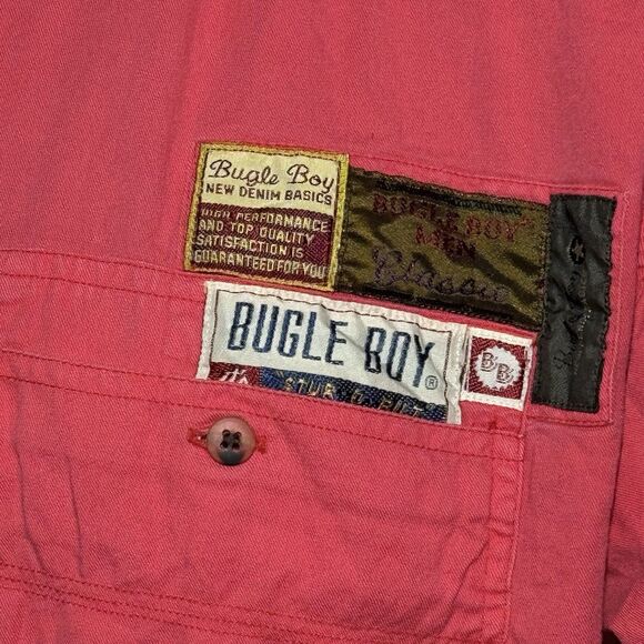 Vintage Bugle Boy Shirt Men's Medium Pink Button Up Short Sleeve 90s Casual EUC - Picture 5 of 11